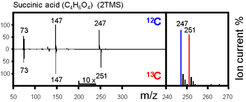 Extracts from these plants generate mass spectral tags (MSTs), which exhibit mass shifts that correspond to the number of carbon atoms of each metabolite. These so-called mass isotopomers can be utilized for kinetic flux analyses.