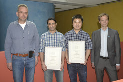 Von links nach rechts: Prof. Dr. Ralph Bock, Preisträger Saleh Alseekh,Dr. Jiang Zhang, Dr. Holger Fahnenstich (BASF)